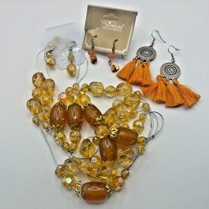 Amber Orange Costume Jewelry Lot NOS‎ Earrings Multi-Strand Glass Bead Necklace